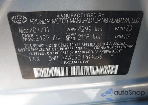 2011 Hyundai Sonata Gls z USA, uszkodzony, nr VIN 5NPEB4AC6BH260098